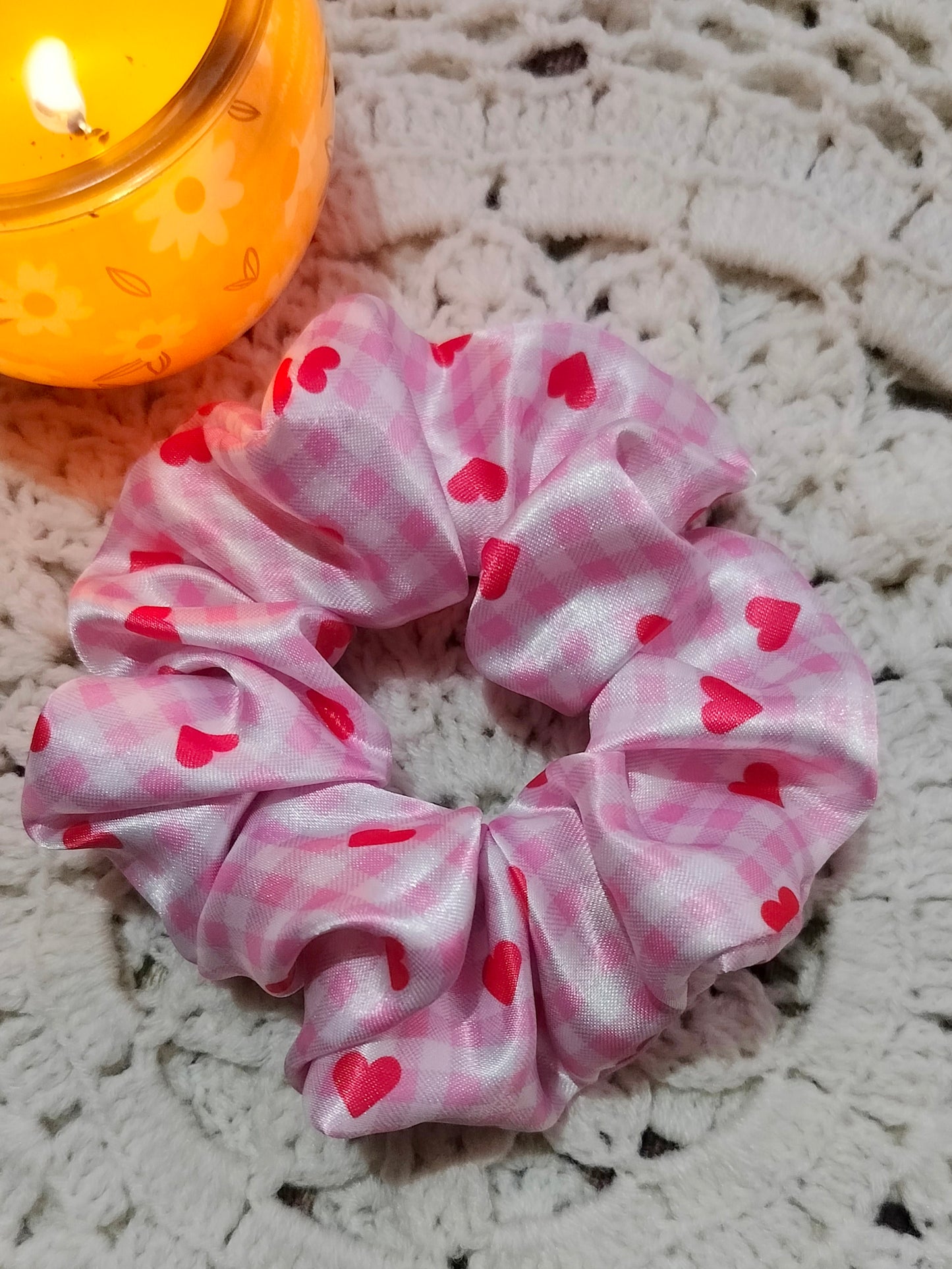 Gingham Pink Hearts Scrunchie