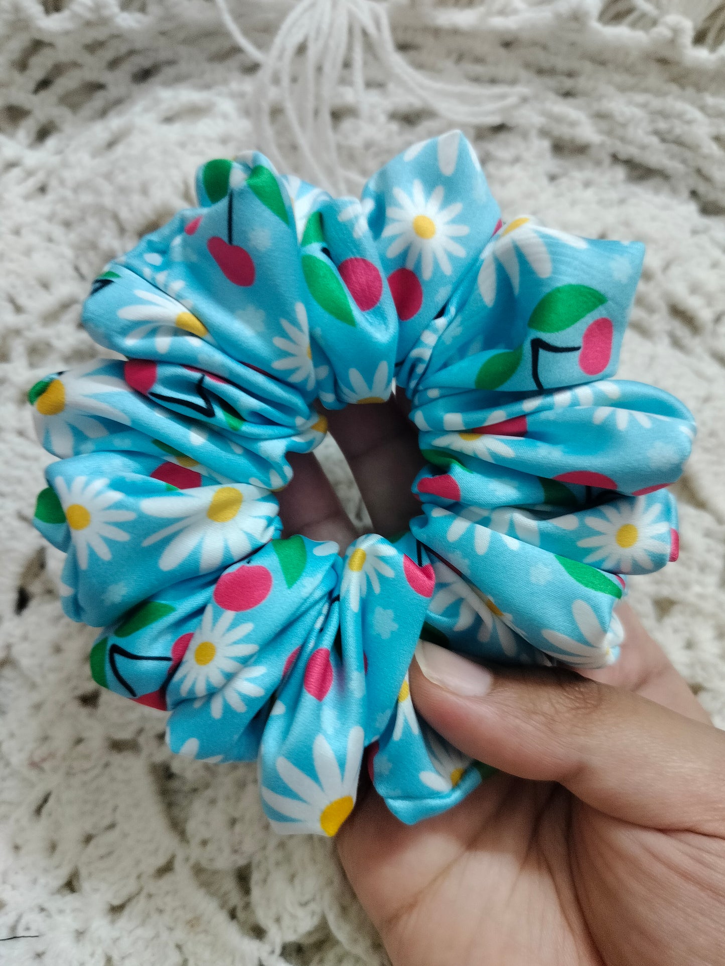 Cherries & Flowers Blue Scrunchie