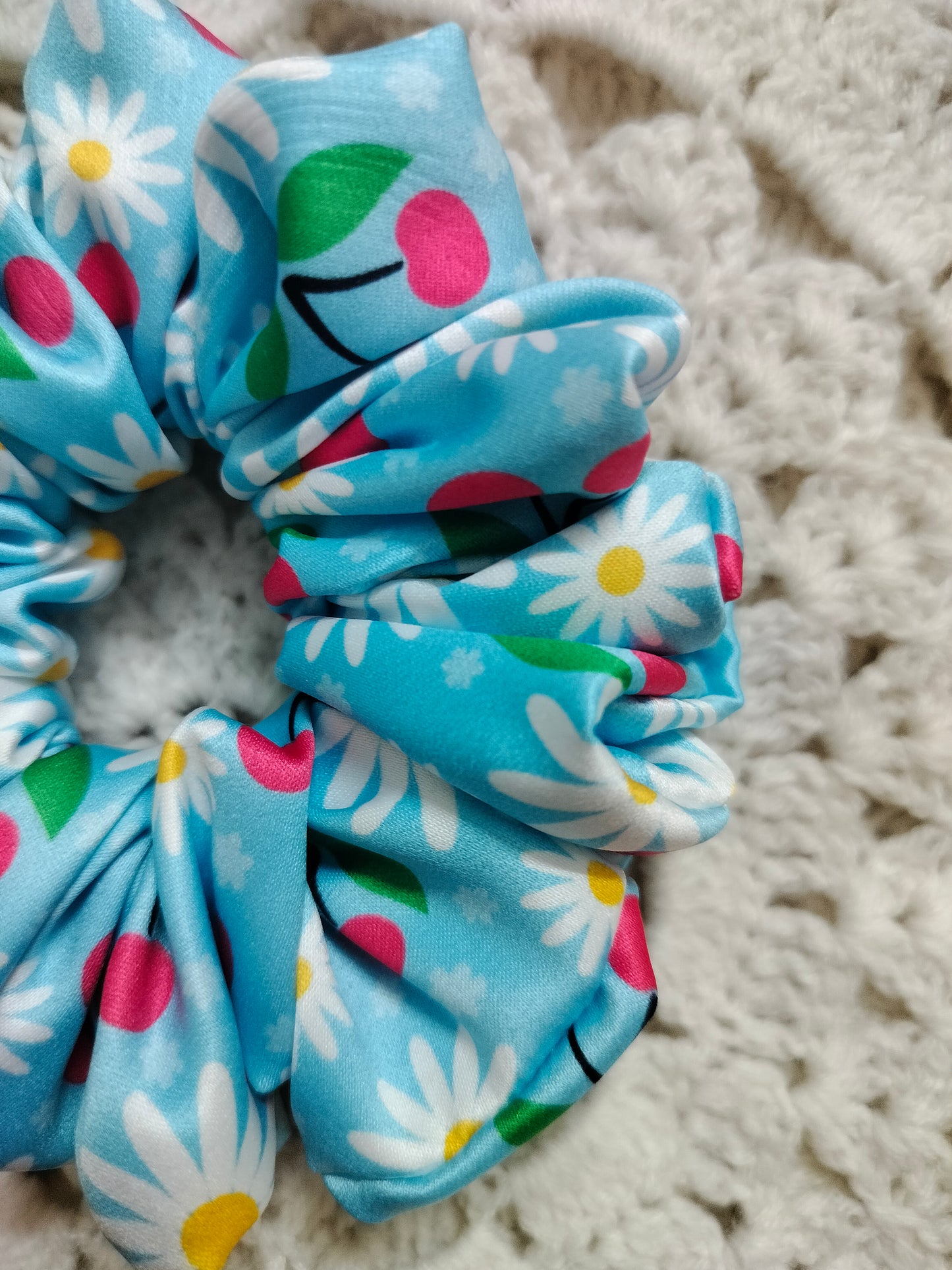 Cherries & Flowers Blue Scrunchie