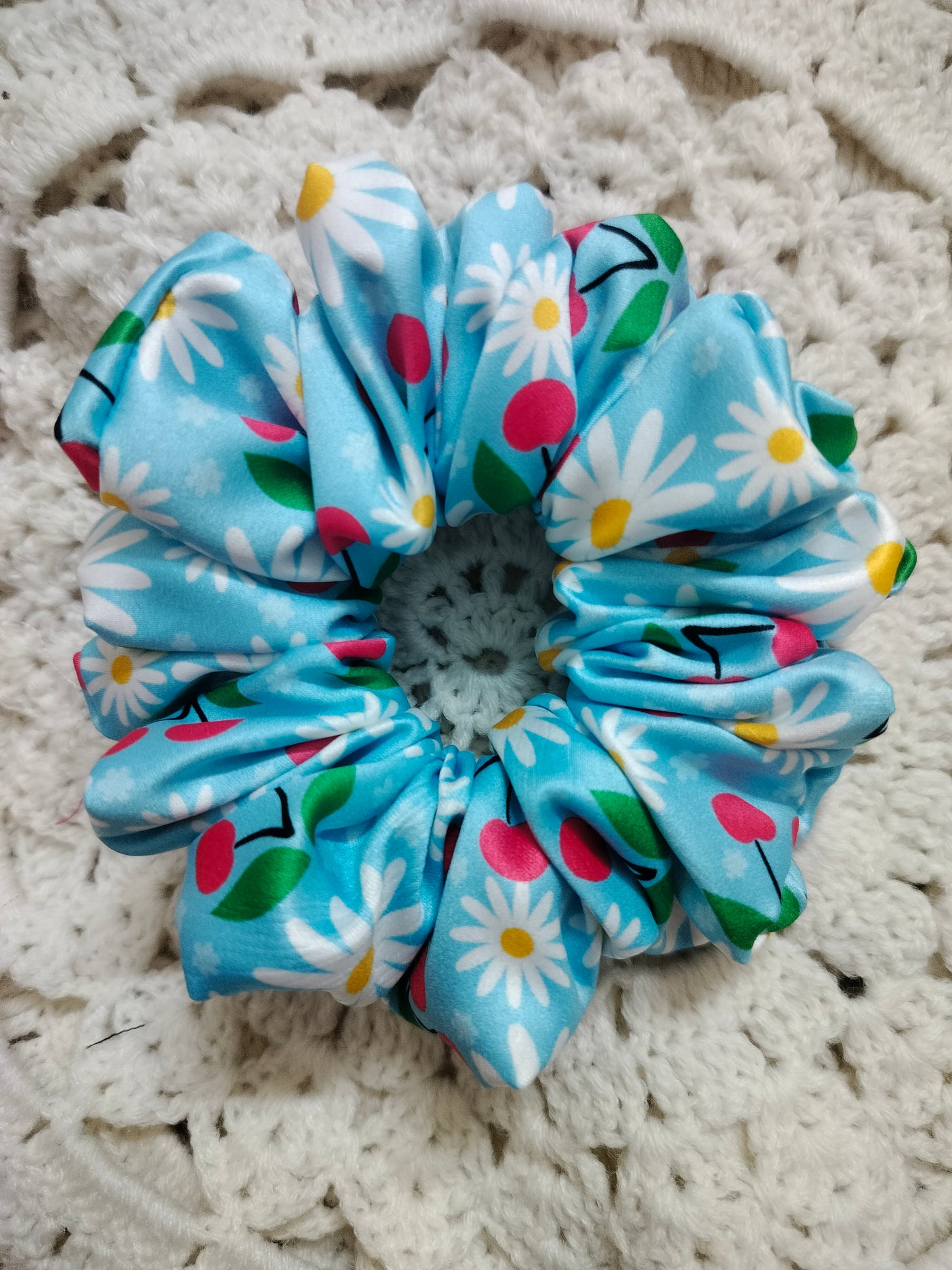 Cherries & Flowers Blue Scrunchie