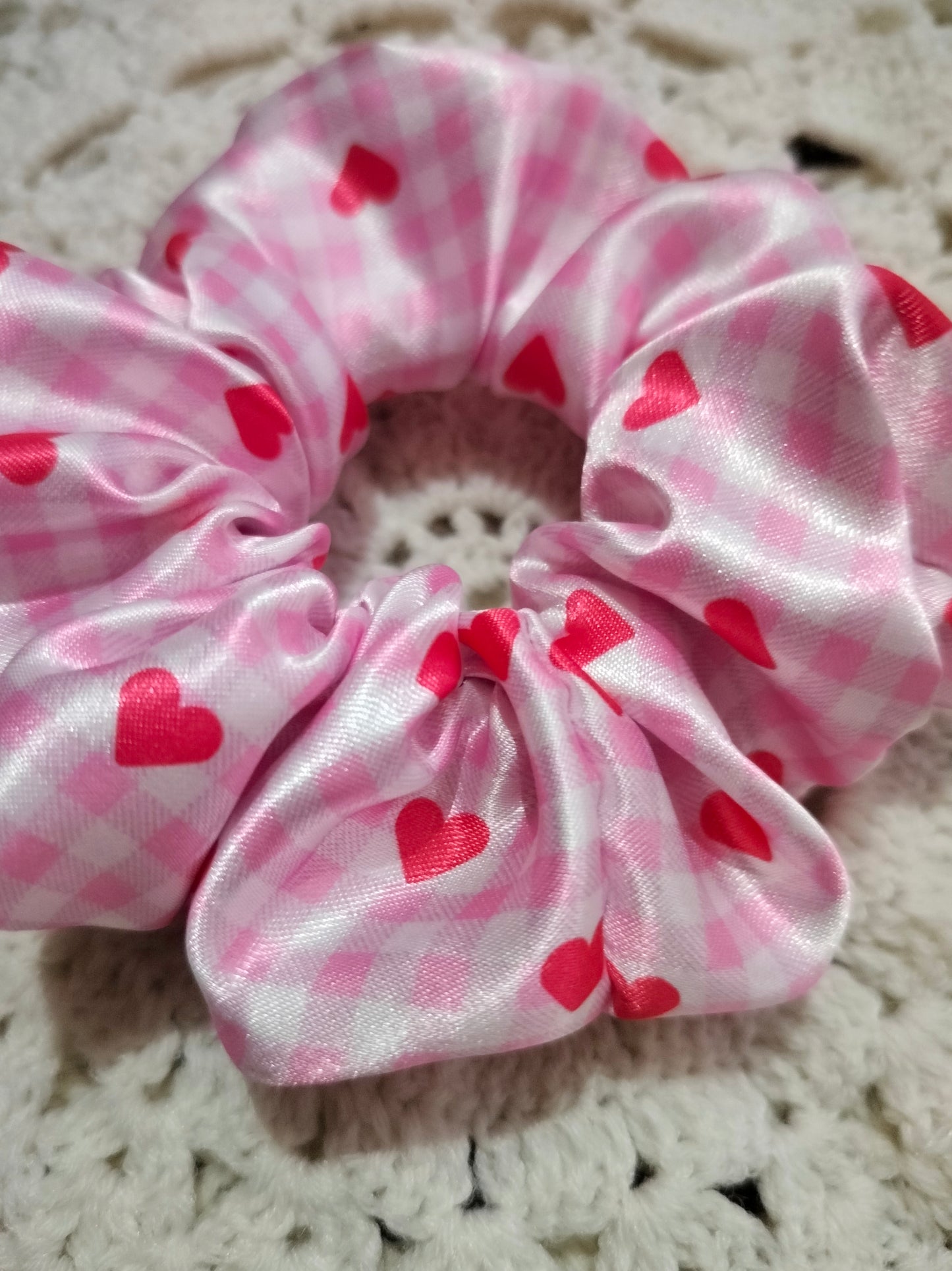 Gingham Pink Hearts Scrunchie