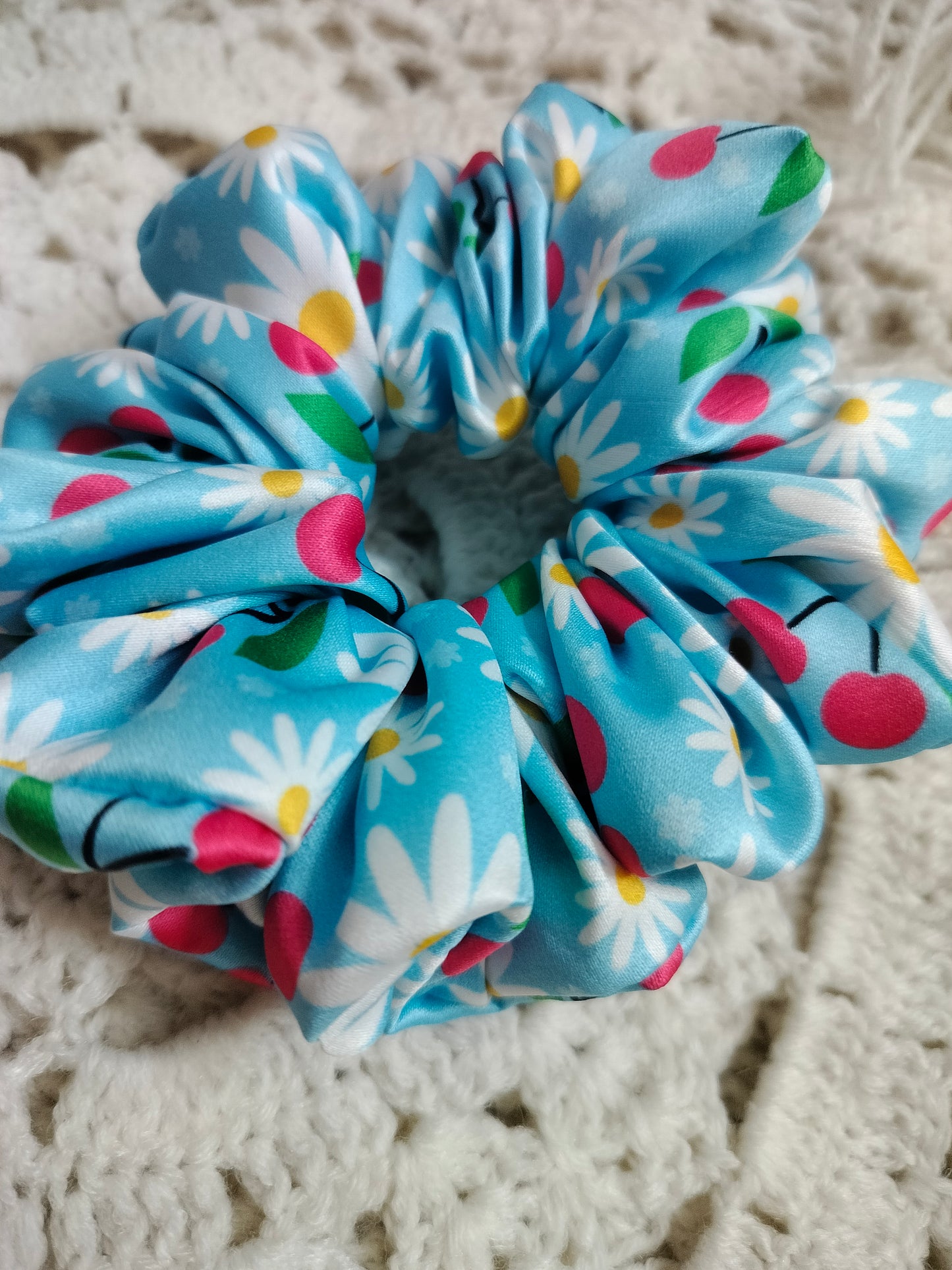 Cherries & Flowers Blue Scrunchie