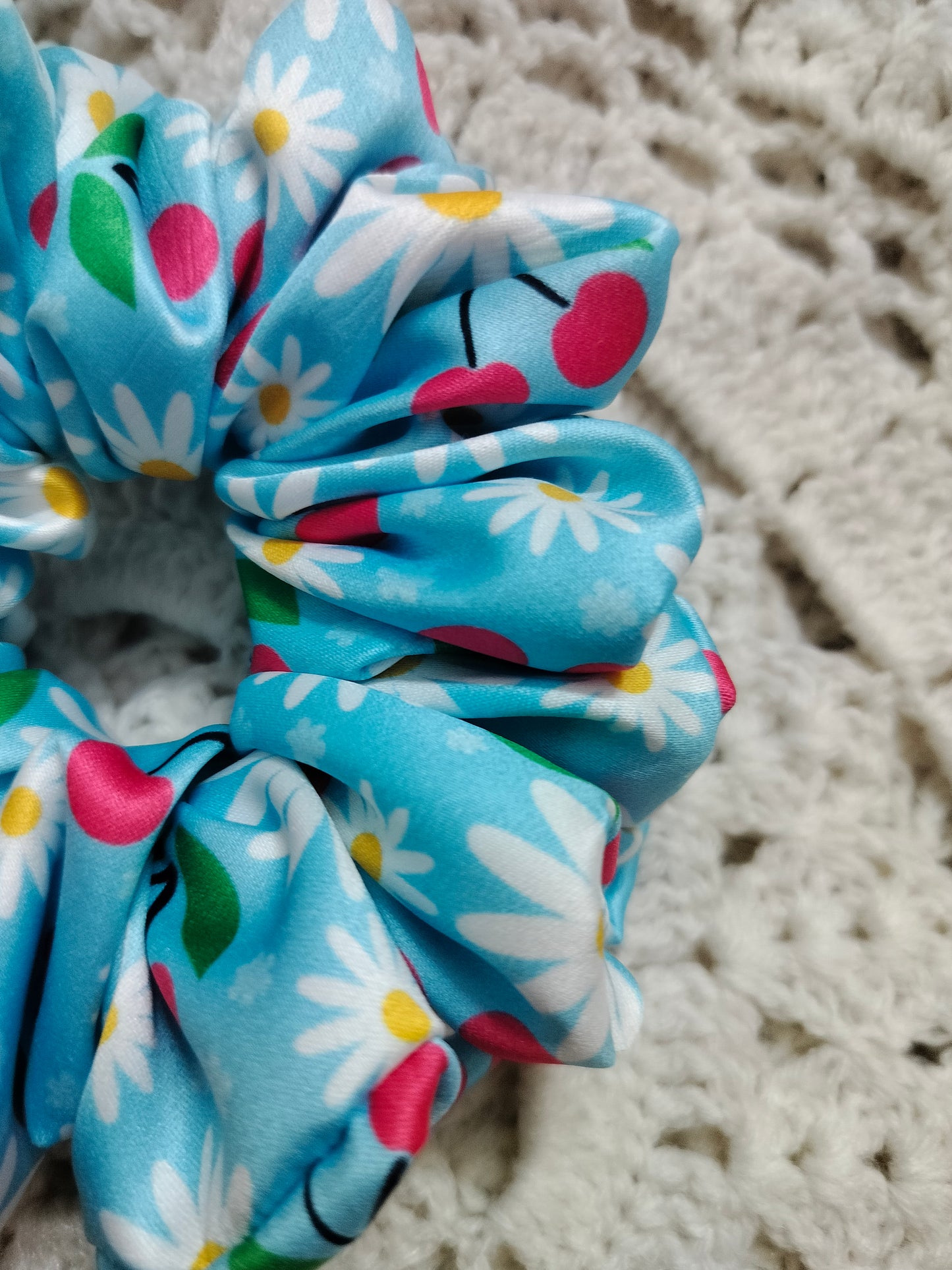 Cherries & Flowers Blue Scrunchie