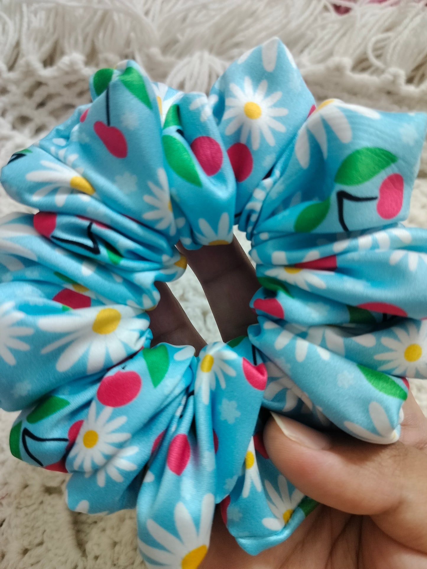 Cherries & Flowers Blue Scrunchie