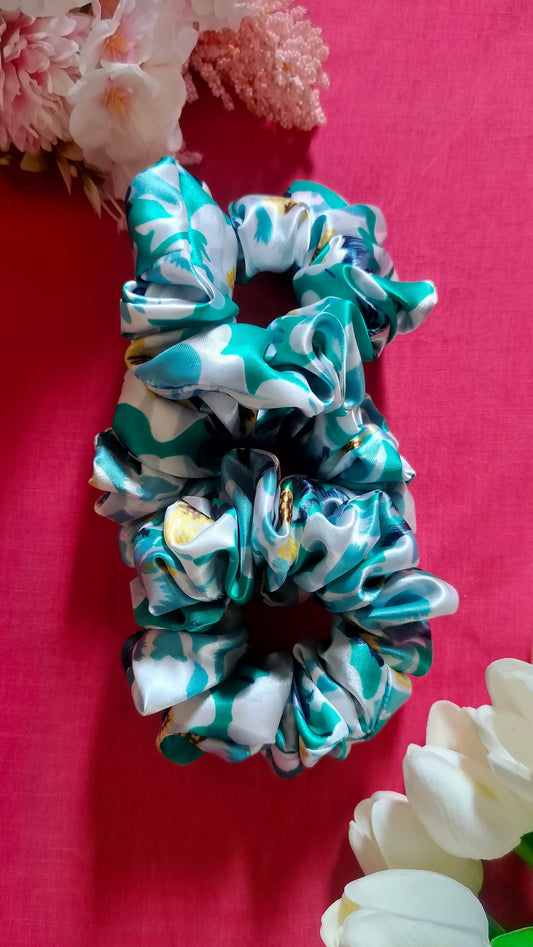 Turquoise Green Floral Scrunchie